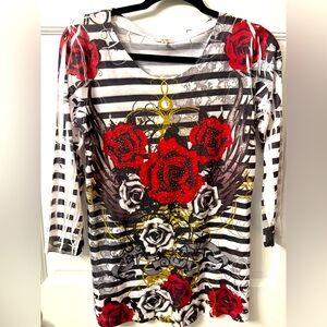Cache Black and White Striped Top with‎ Red and Gold Floral Design S